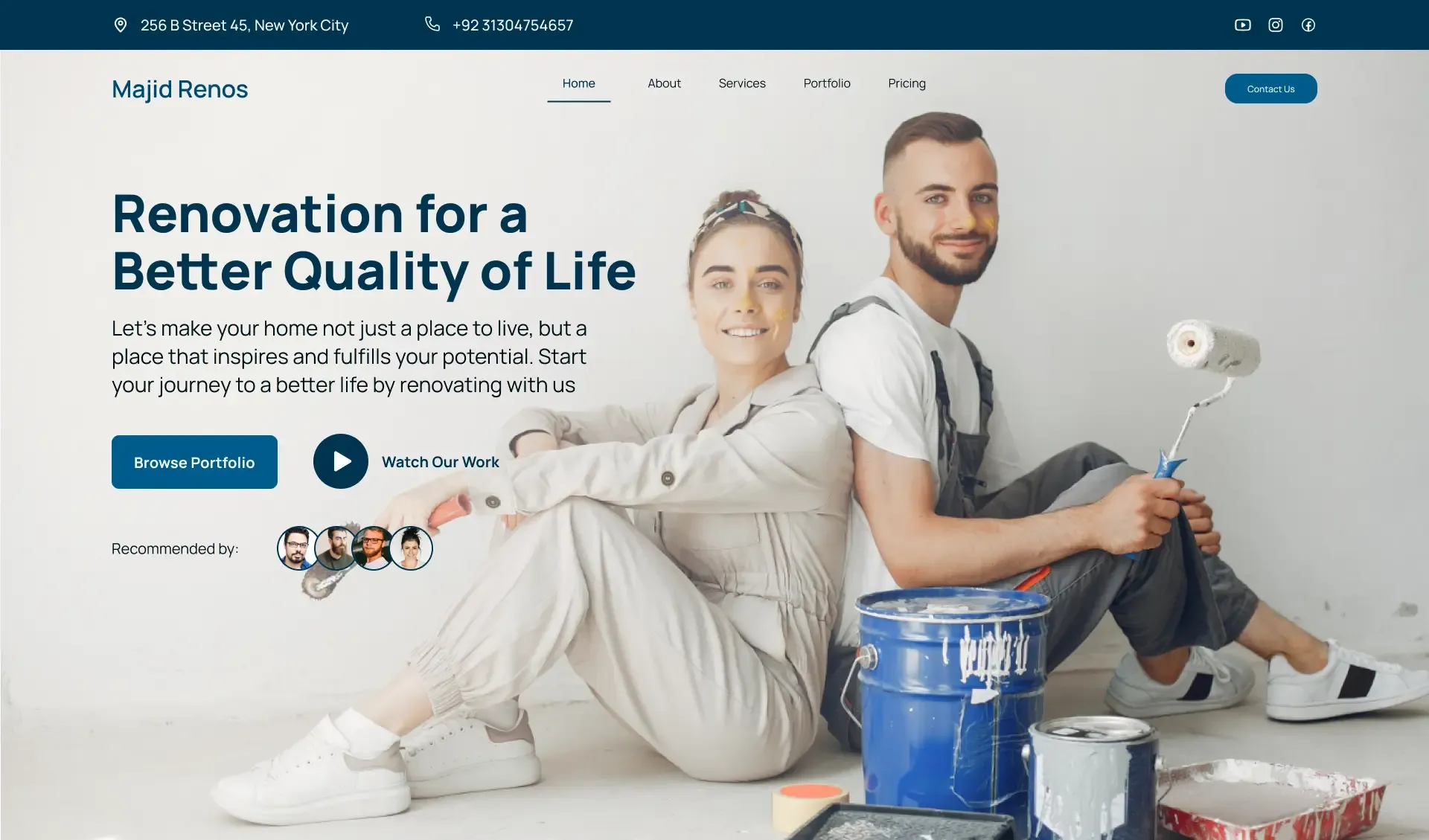 Website example with two contractors sitting down with paint rollers.