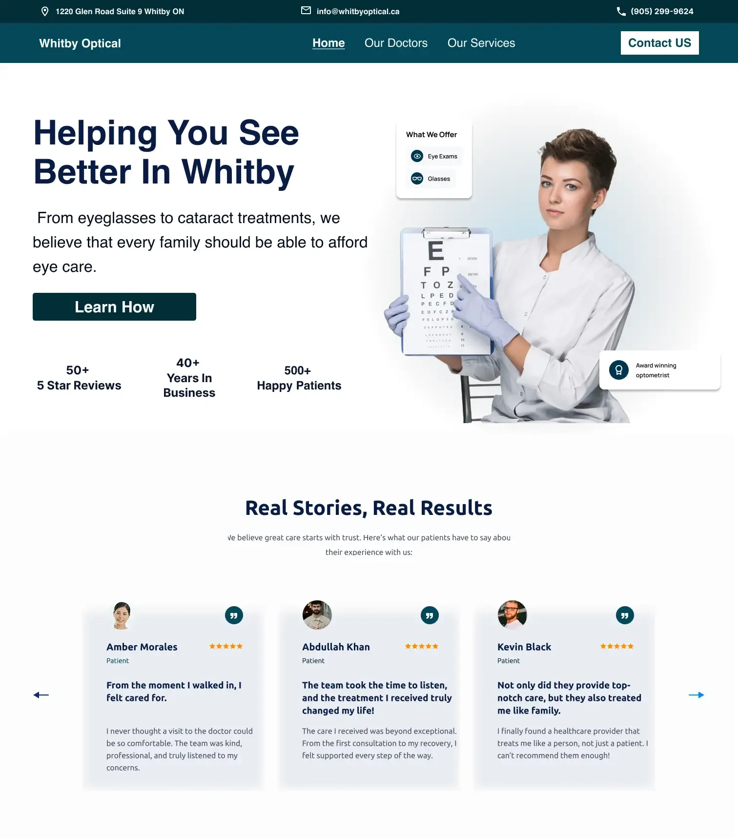 Website design for an eye doctor with a doctor on the far right